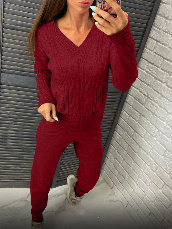 Damen Strickpullover und Jogginghose Set mit Zopfmuster Drune
