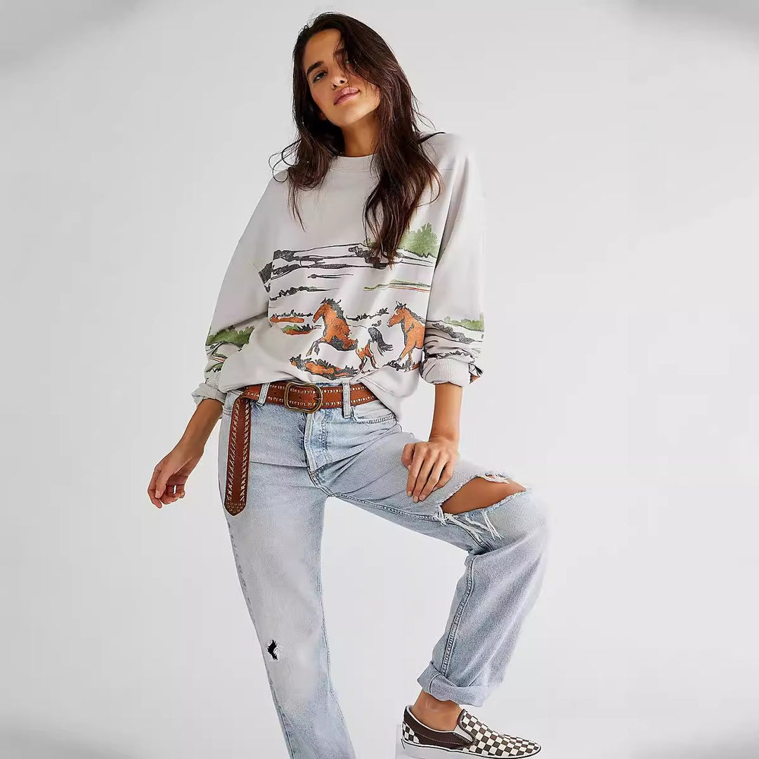 Damen Sweatshirt mit kreativer Pferdemotiv-Grafik und lässigem Schnitt Drune