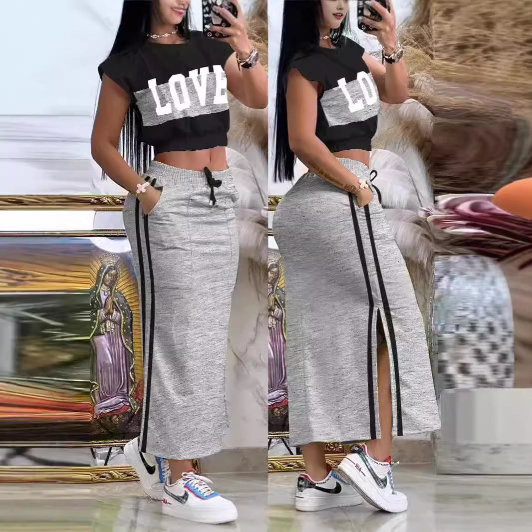 Damen Sportliches Crop-Top und Maxirock Set Drune