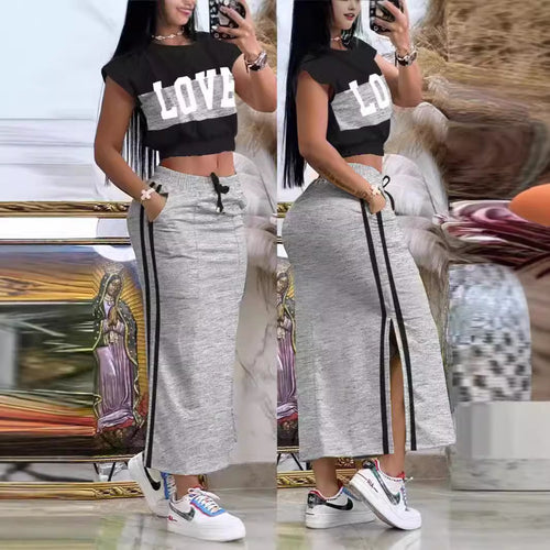 Damen Sportliches Crop-Top und Maxirock Set Drune