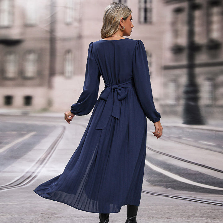 Damen elegantes Maxikleid mit V-Ausschnitt und voluminösen Ärmeln Drune