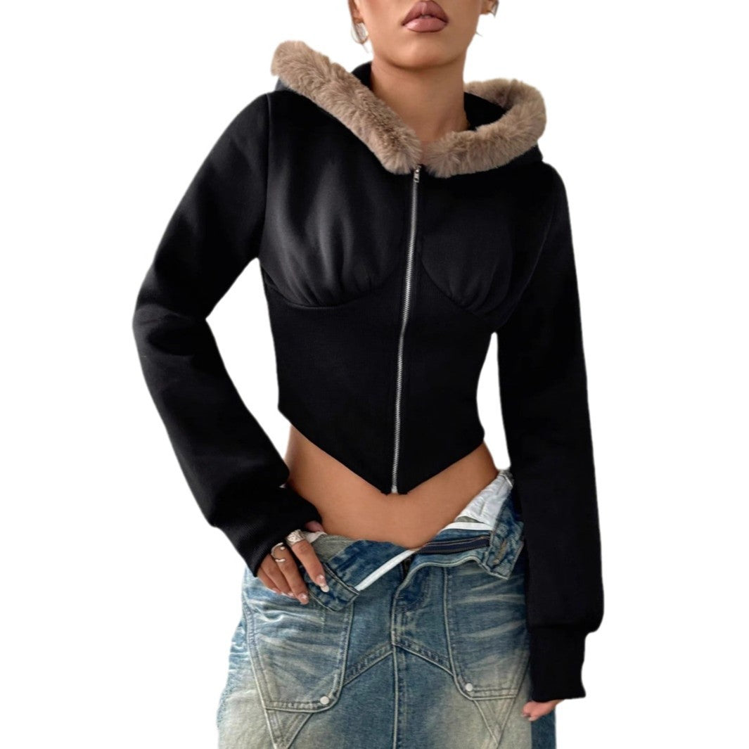 Damen cropped Hoodie mit luxuriösem Fellbesatz Drune