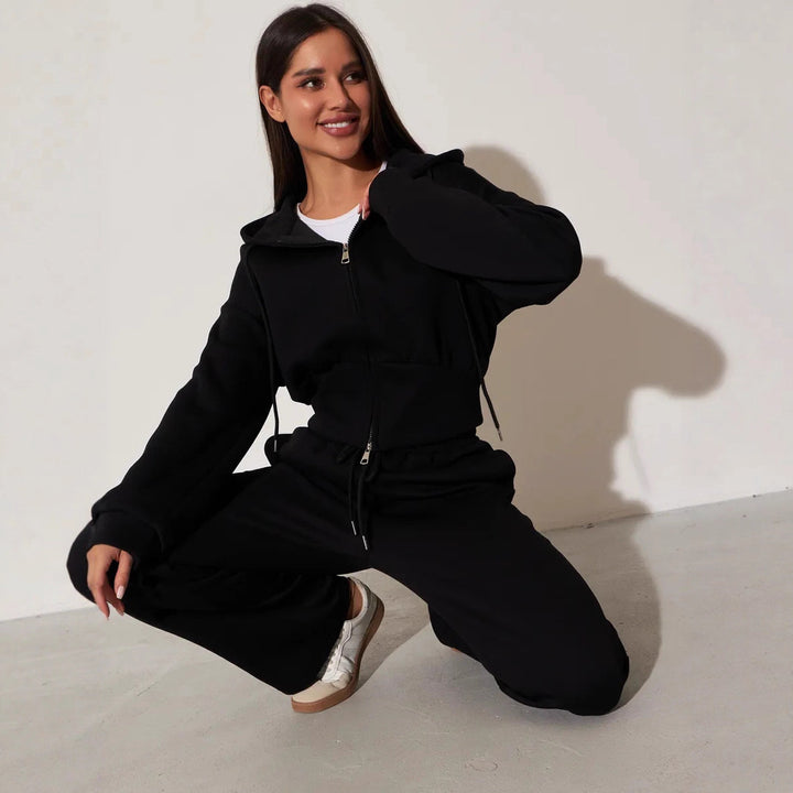 Damen trendiges Cropped Hoodie und weiter Hosen-Set Drune