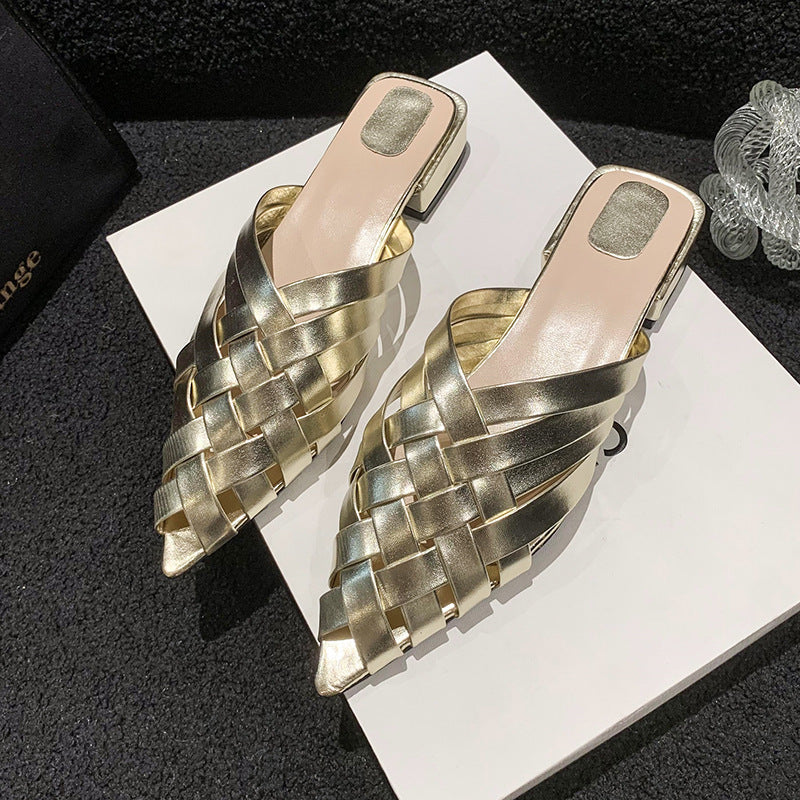 Damen Gewebe Spitz-Zehen Slide Mules mit Dickem Absatz Drune