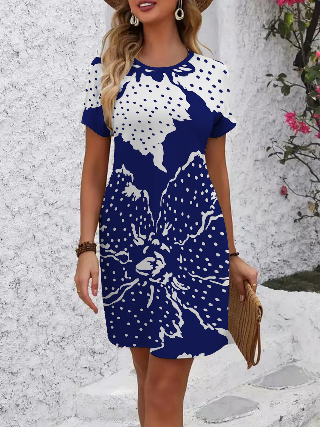 Damen lässiges Blümchenkleid mit Rundhalsausschnitt und lockerer Passform Drune
