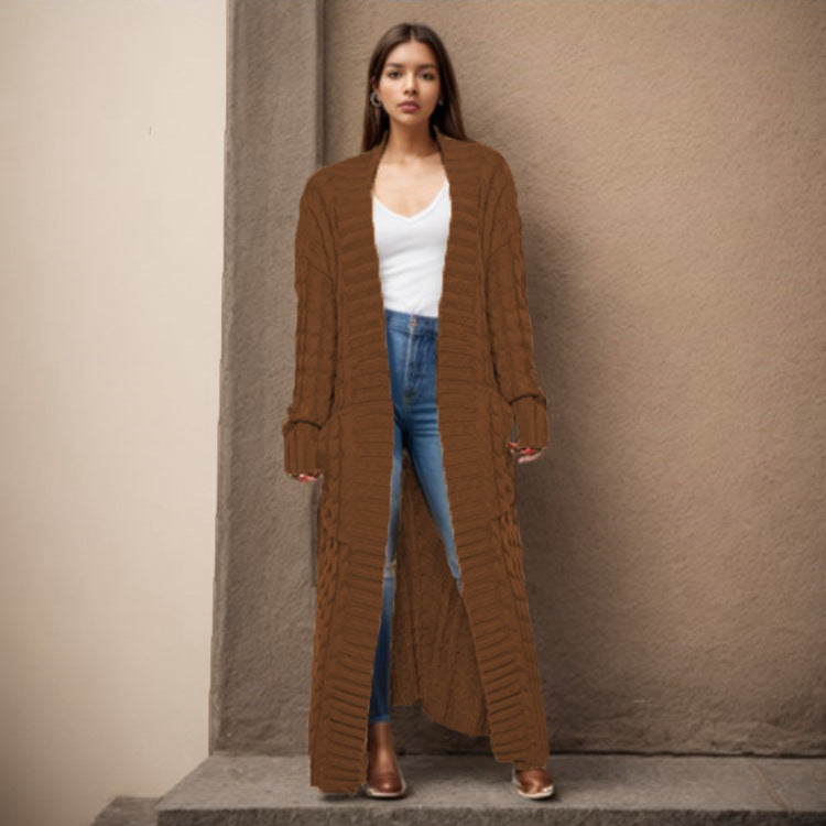Damen langen Strickcardigan mit hochwertigem Zopfmuster Drune