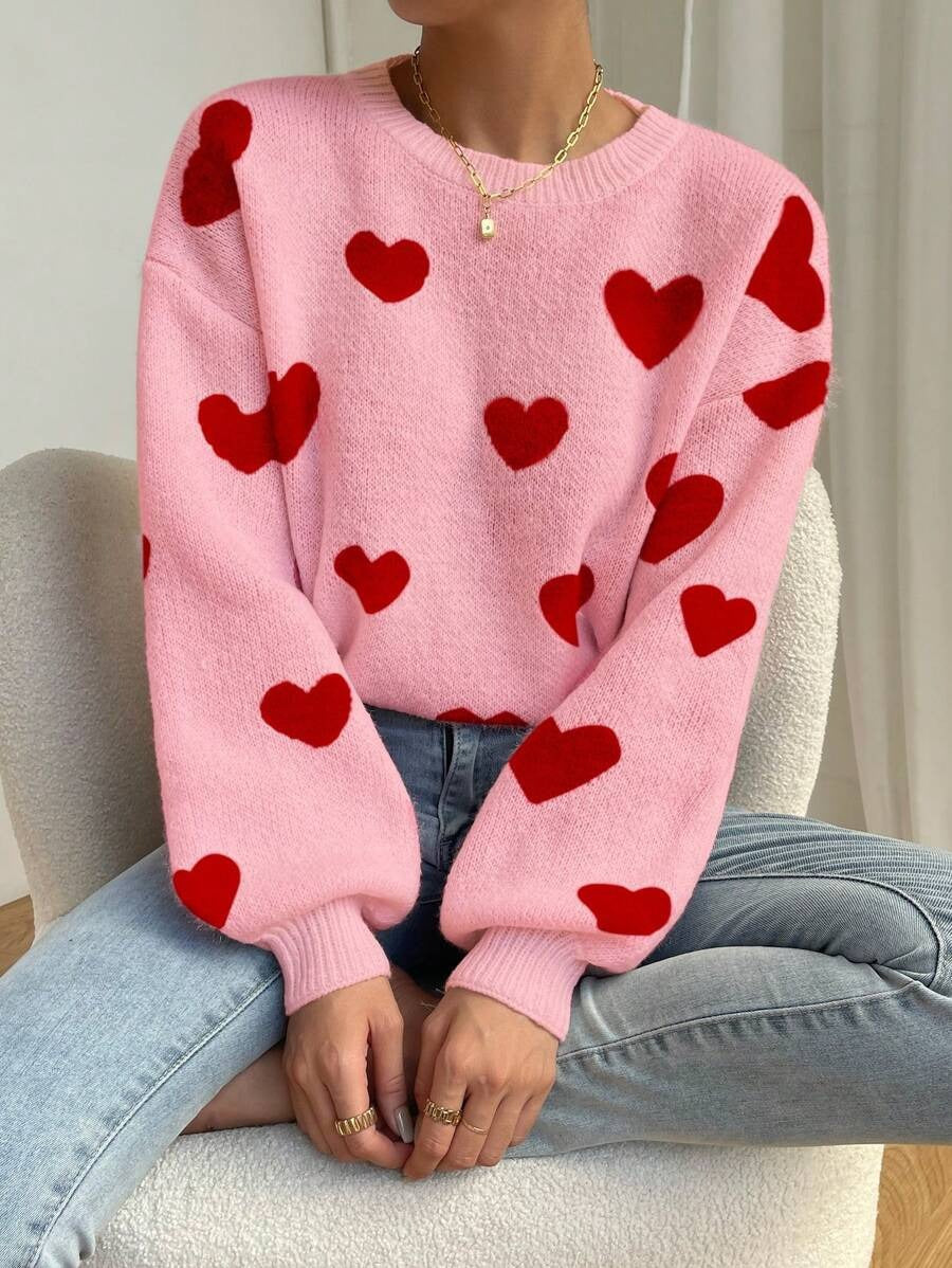 Damen Kuscheliger Strickpullover mit Herzmuster und weitem Schnitt Drune
