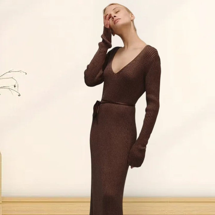 Damen Langarm-Strickkleid mit tiefem V-Ausschnitt und figurbetonter Silhouette Drune