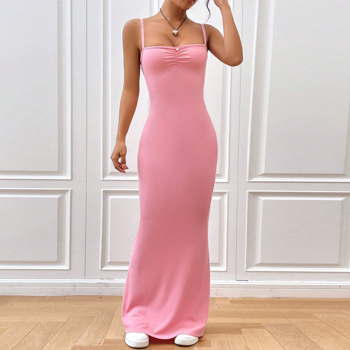 Damen Maxikleid mit verstellbaren Spaghettiträgern und dekorativen Raffungen Drune