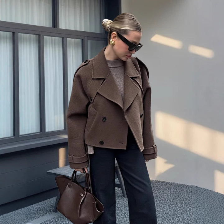 Damen stilvolle cropped Jacke im modernen Biker-Design mit doppeltem Knopfverschluss Drune