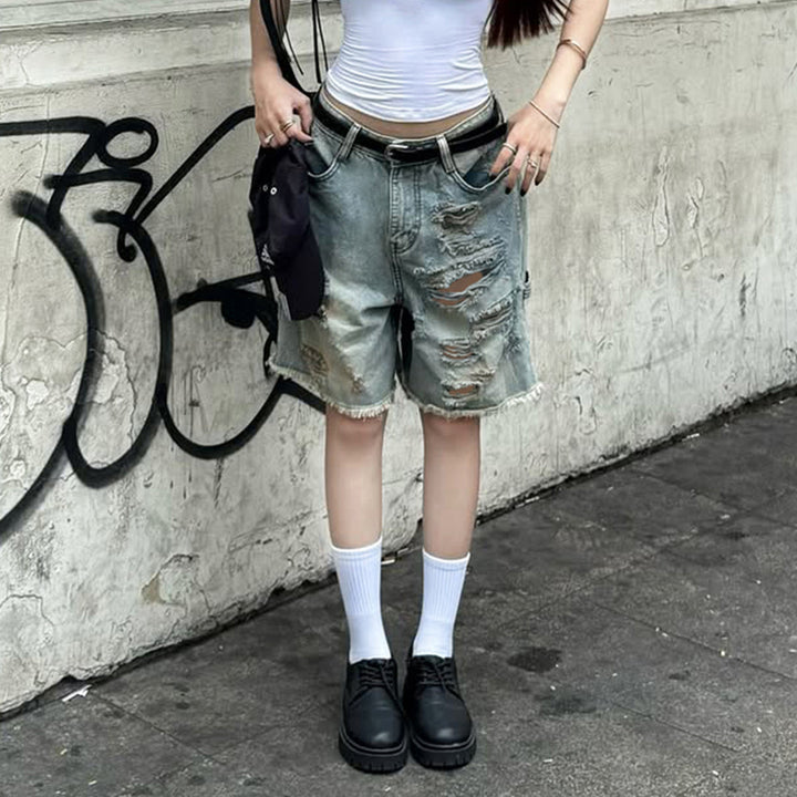 Damen Destroyed Denim-Shorts mit hohem Bund und ausgefransten Säumen Drune