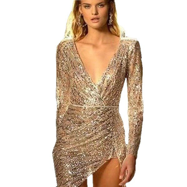 Damen Glitzerndes Minikleid mit tiefem V-Ausschnitt und asymmetrischem Saum Drune