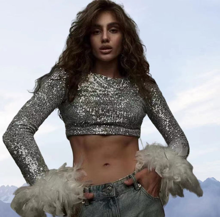Damen Cropped Oberteil mit funkelndem Paillettenbesatz und fluffigen Ärmelbündchen Drune