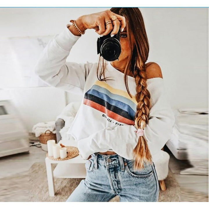Damen Off-Shoulder Sweatshirt mit farblich abgesetztem Streifenmuster Drune