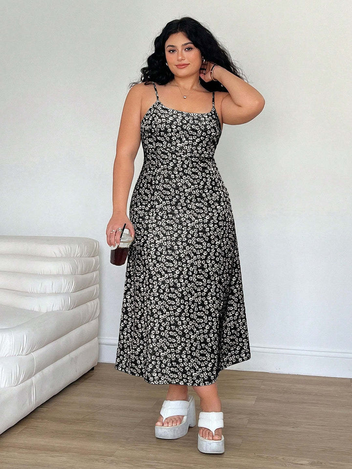 Damen Maxikleid mit feinem Blumenmuster und verstellbaren Spaghettiträgern Drune