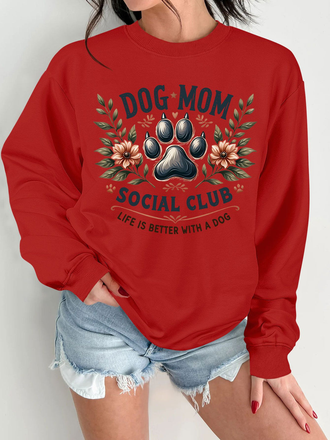 Damen Sweatshirt mit trendigem Hundemotiv und aufgepepptem Aufdruck Drune