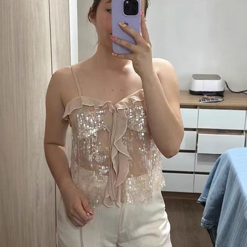 Damen Funktionsbluse mit Pailletten und Rüschen Drune