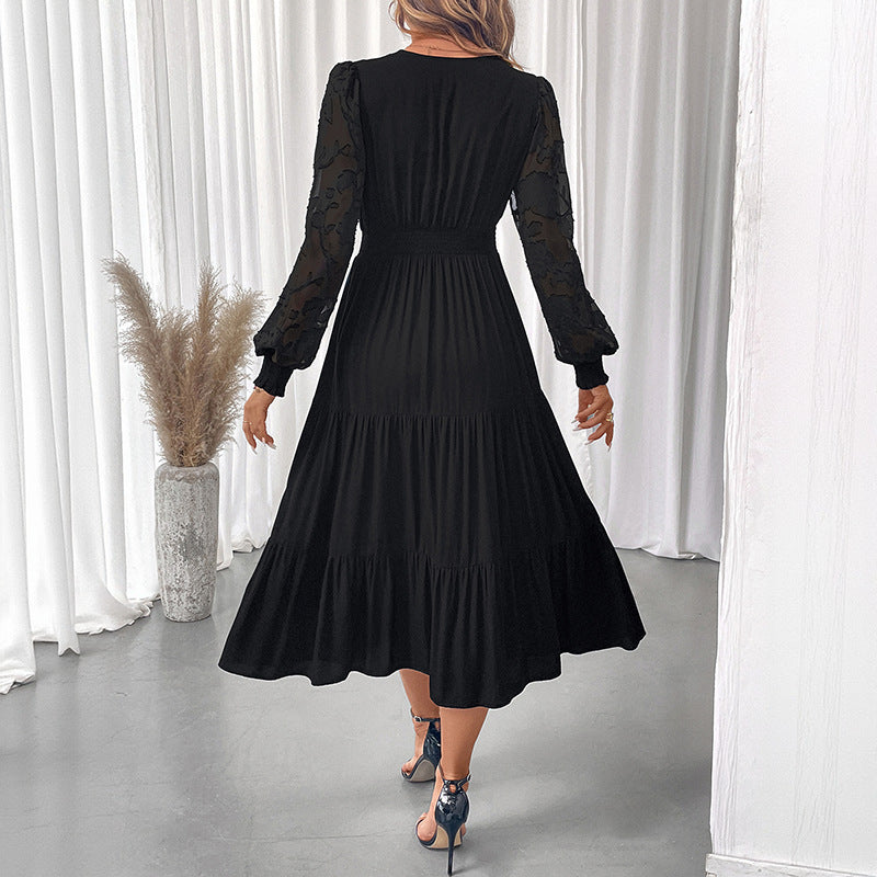 Damen Maxikleid mit breiten Puffärmeln und feinen Rüschendetails Drune