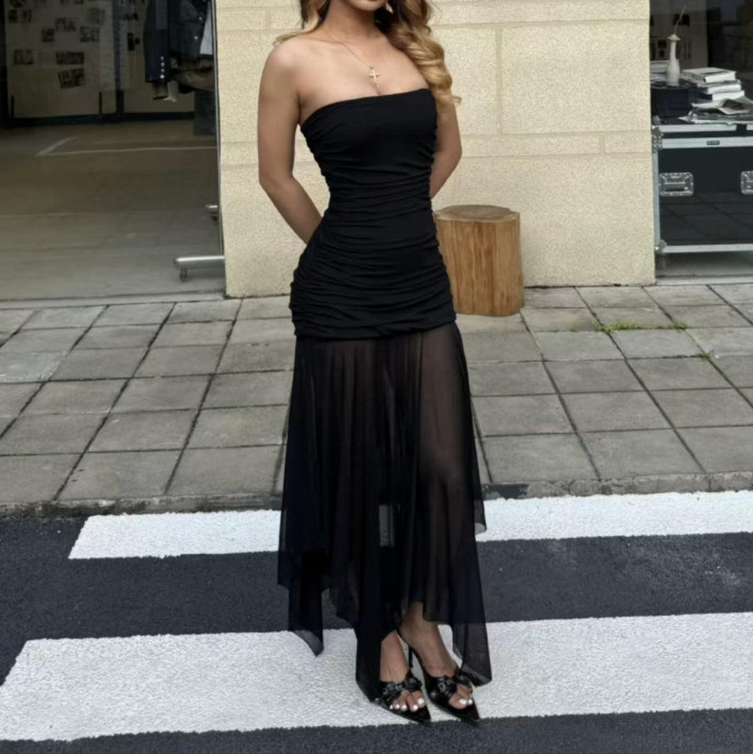 Damen Strapless Maxikleid mit eleganter Raffung und transparentem Rock Drune