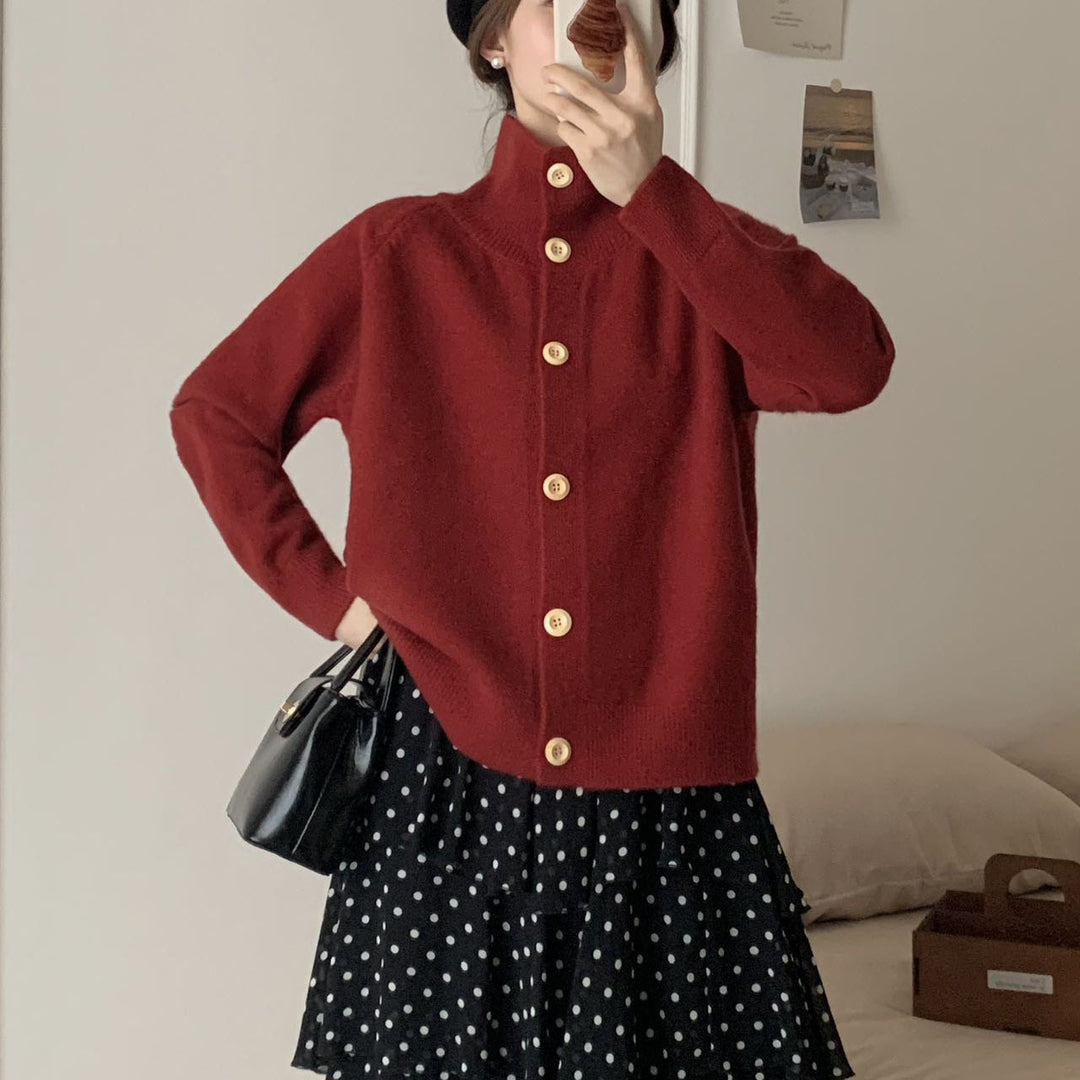 Damen Strickjacke mit hohem Kragen und großen Knöpfen Drune