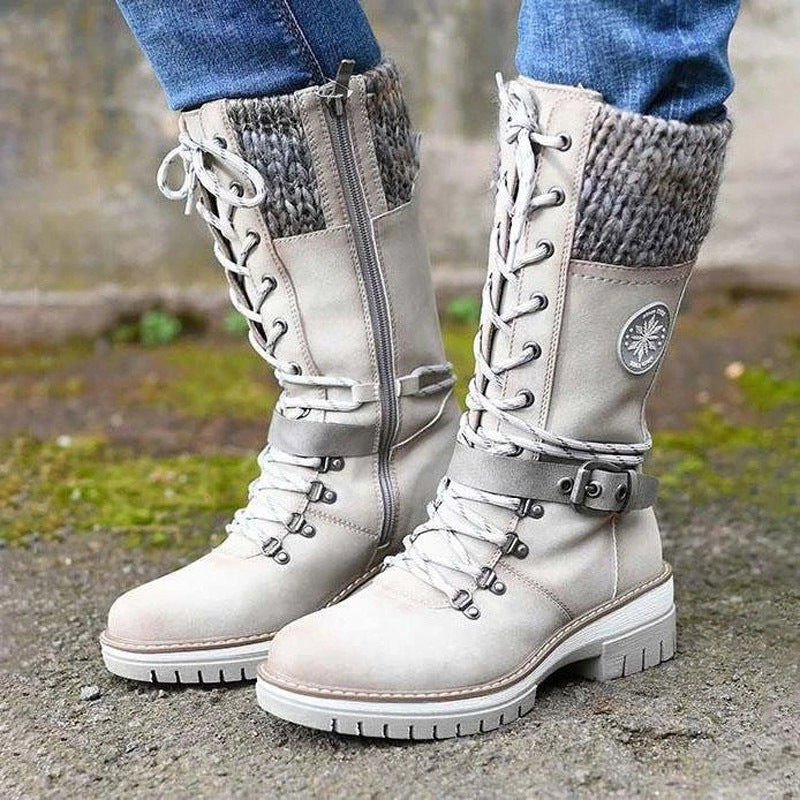 Damen nan gefütterte Schnürstiefel mit gestricktem Schaftbund, dekorativem Schnallenriemen und profilierter Gummisohle Drune