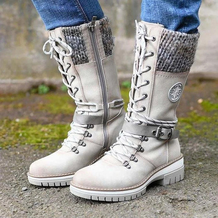 Damen nan gefütterte Schnürstiefel mit gestricktem Schaftbund, dekorativem Schnallenriemen und profilierter Gummisohle Drune