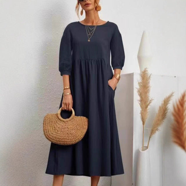 Damen Midi-Kleid mit Ballonärmeln und praktischen Taschen Drune