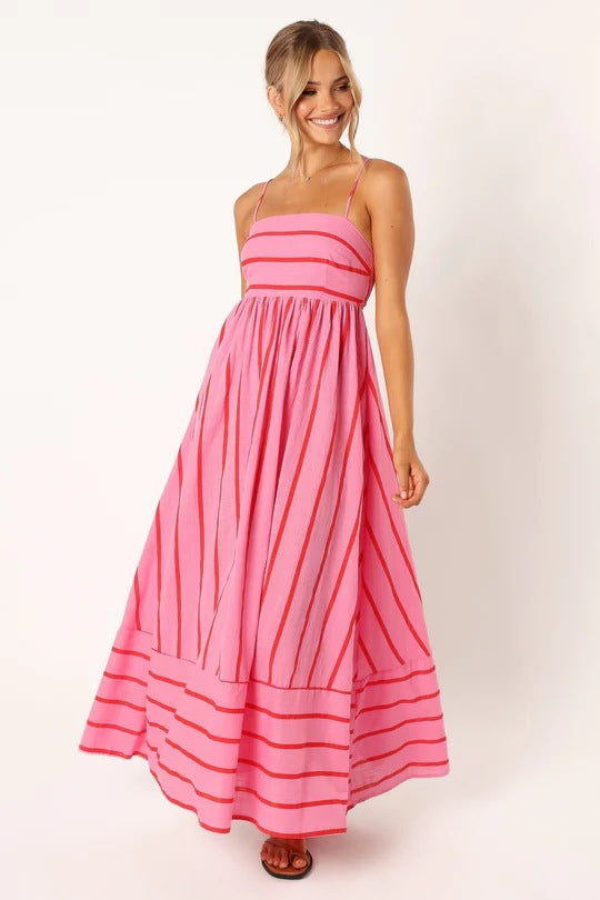 Damen Maxi-Kleid mit schmalen Spaghettiträgern und eleganten Querstreifen Drune