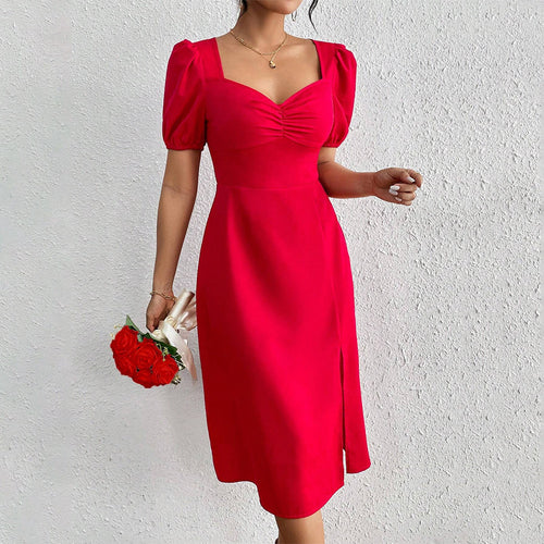 Damen Midi-Kleid mit Puffärmeln und raffiniertem Rüschendetail Drune