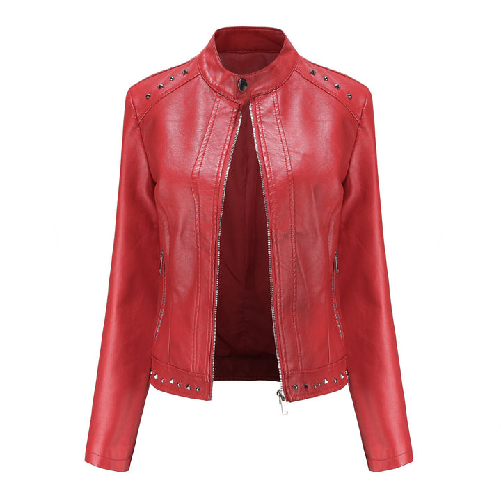 Damen nan kurze taillierte Kunstlederjacke mit Stehkragen Zwei-Wege-Reißverschluss und Ziernietensaum Drune