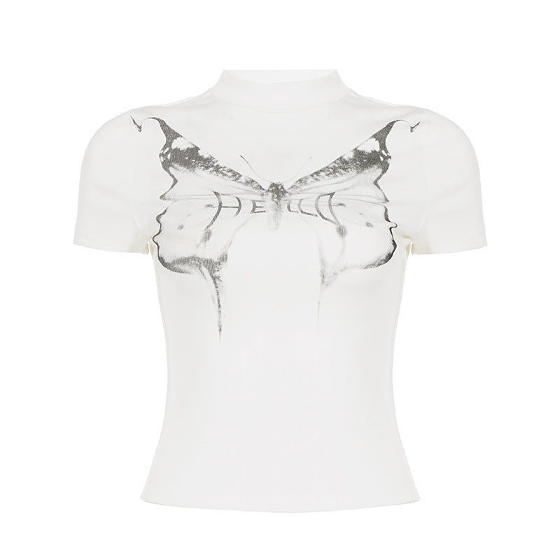 Damen Kurzarm-T-Shirt mit elegantem Schmetterlingsdesign und Stehkragen Drune