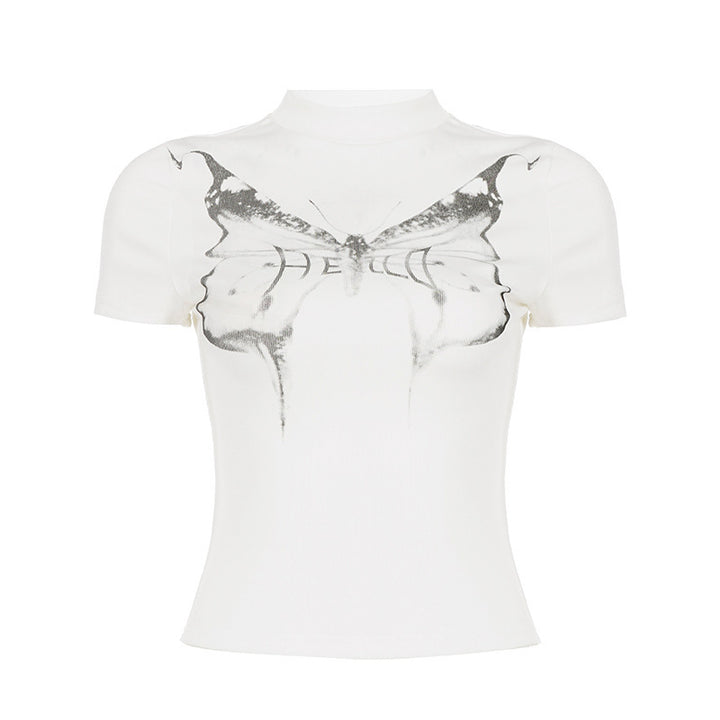 Damen Kurzarm-T-Shirt mit elegantem Schmetterlingsdesign und Stehkragen Drune