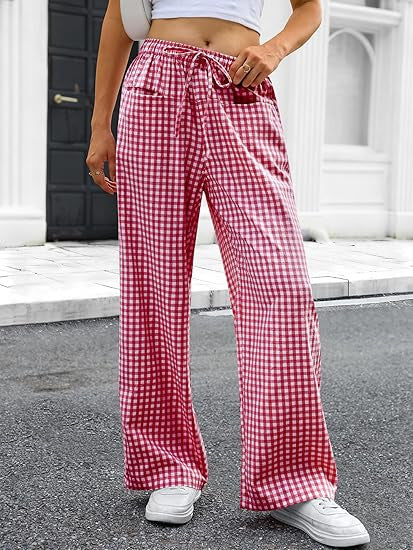Damen Weit geschnittene Karohose mit elastischem Bund und praktischen Taschen Drune