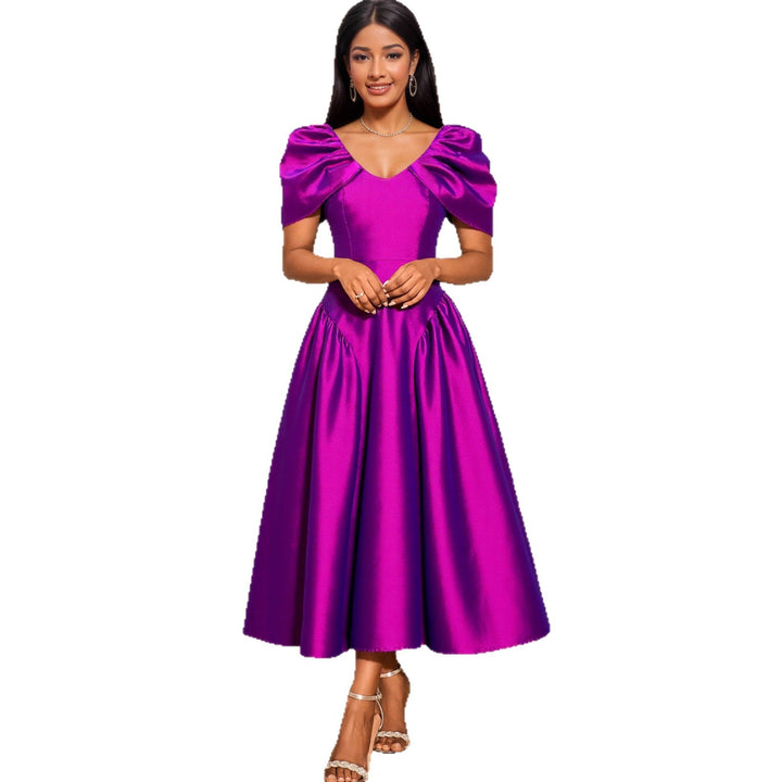 Damen elegantes Midikleid mit voluminösen Puffärmeln und schwingendem Rock Drune