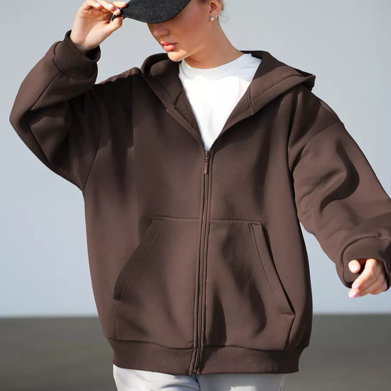 Damen lässiger Kapuzenpullover mit durchgehendem Reißverschluss und großen Taschen Drune