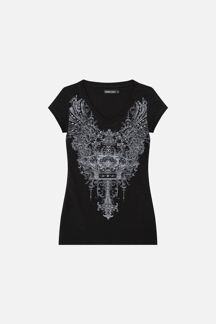 Damen V-Ausschnitt T-Shirt mit extravaganten Grafiken Drune