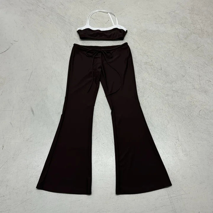 Damen sportliches Flared Set mit Crop-Top und bindbarem Bund Drune
