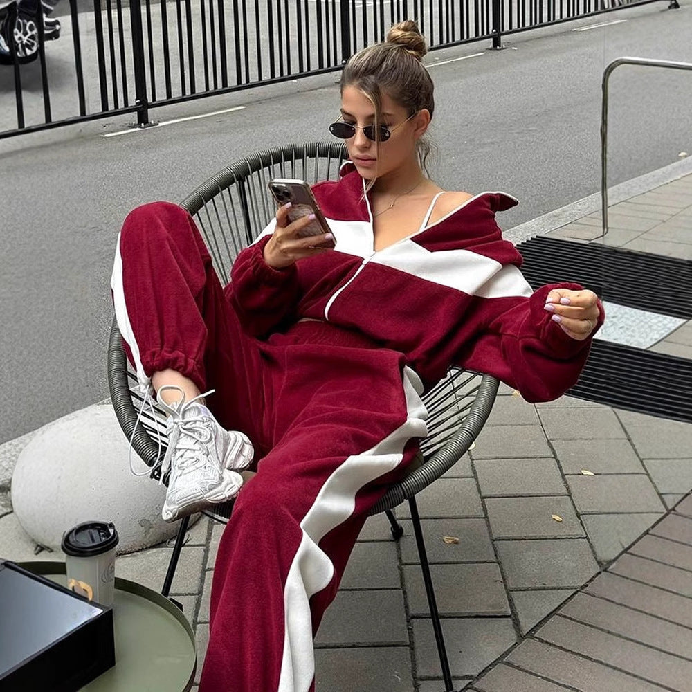 Damen Sportlicher Velvet-Jogginganzug mit Kapuze und seitlichen Streifen Drune