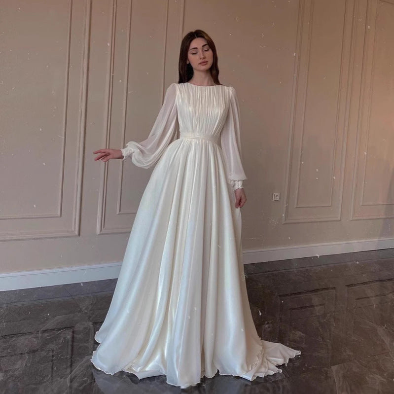 Damen Maxi-Party Kleid mit langen fließenden Ärmeln und Spitzenakzenten Drune
