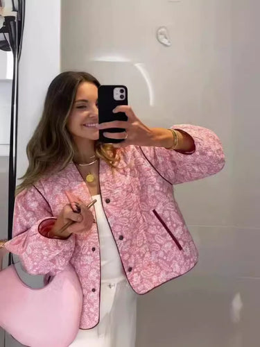 Damen gesteppte Herbstjacke mit einzigartigem floralen Muster und praktischen Taschen Drune