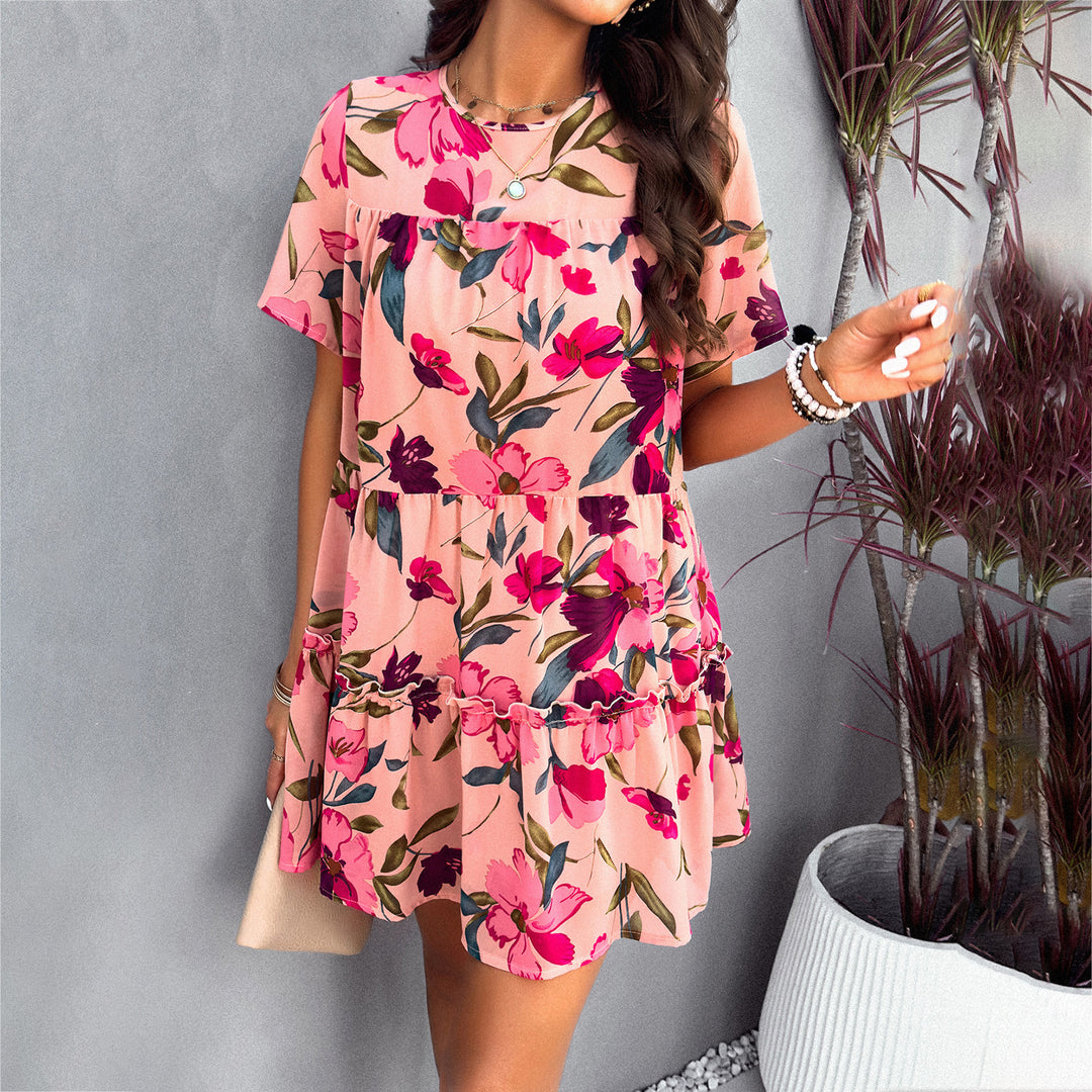 Damen Blütenmuster Freizeitkleid mit Rüschensaum und kurzen Ärmeln Drune