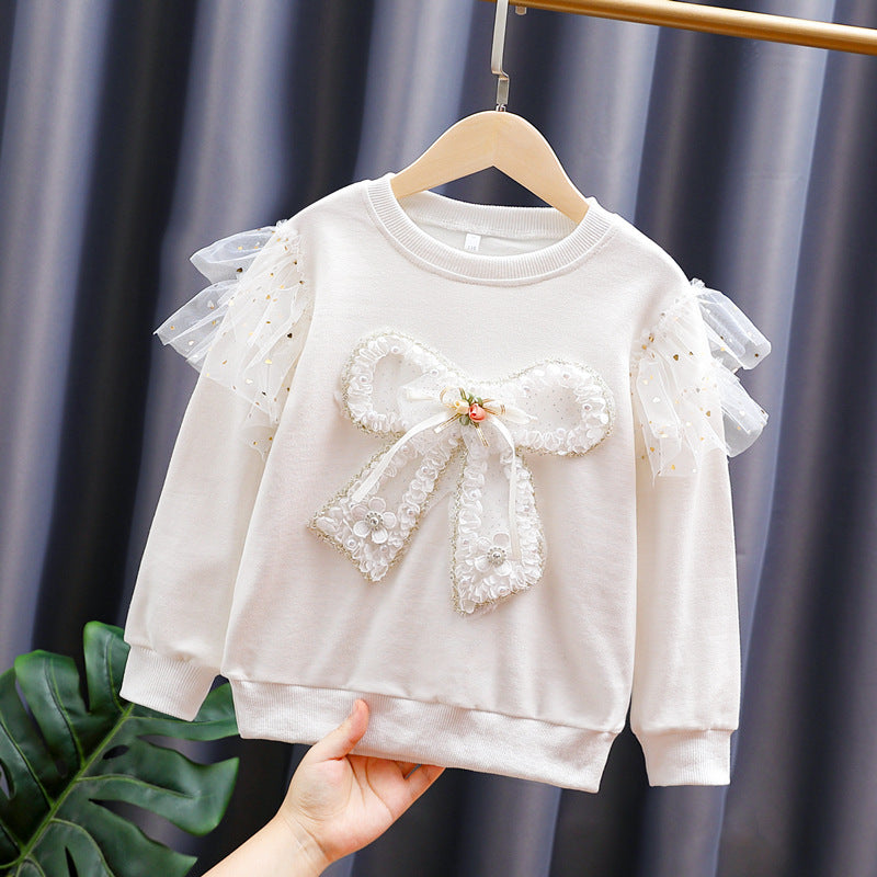 Mädchen modisches Sweatshirt mit transparenten Puffärmeln und Schleifendetail Drune