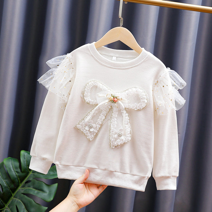 Mädchen modisches Sweatshirt mit transparenten Puffärmeln und Schleifendetail Drune