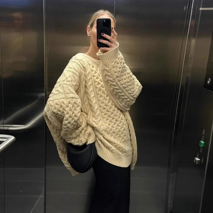 Damen oversize Strickpullover mit Zopfstrickmuster Drune