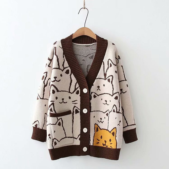 Damen Strickjacke mit Katzenmuster Drune