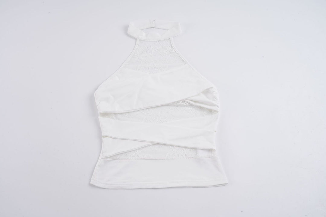 Damen Halter-Top mit elegantem Spitzenbesatz und raffinierten Rüschendetails Drune