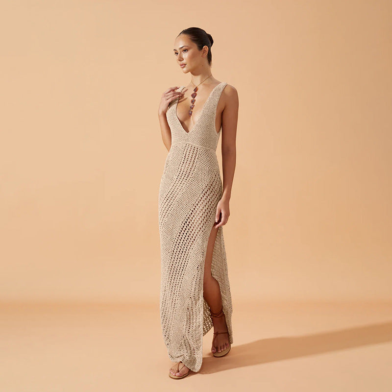 Damen Maxi-Kleid mit tiefem V-Ausschnitt und seitlichen Schlitzen Drune
