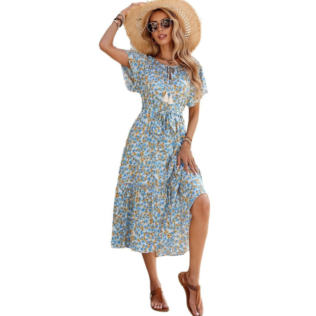 Damen romantisches Blumenkleid mit Taillengürtel und Rüschen Drune