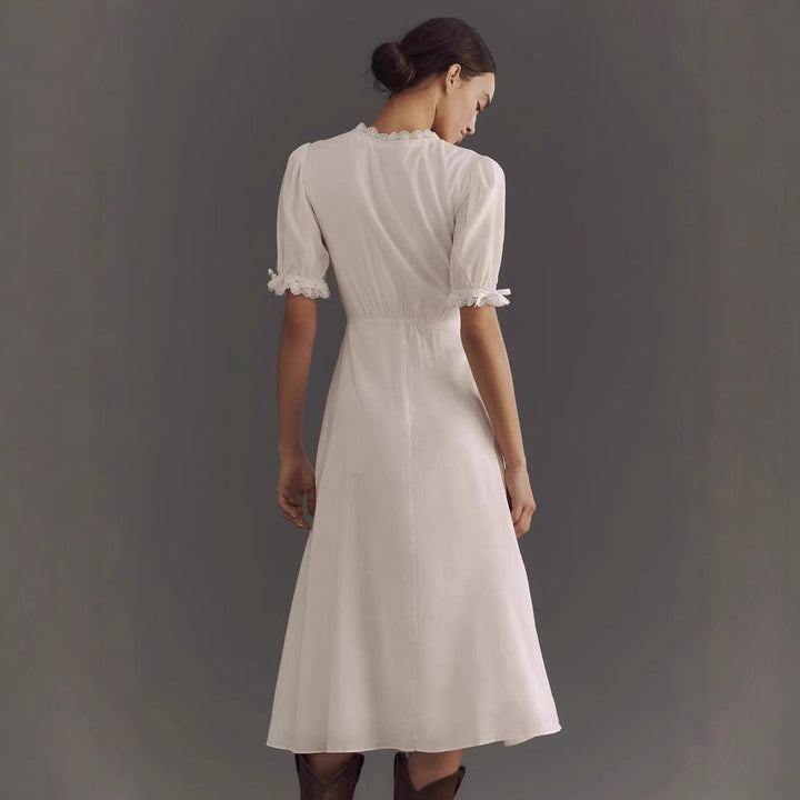 Damen elegantes Midi-Kleid mit Puffärmeln und Knopfleiste Drune