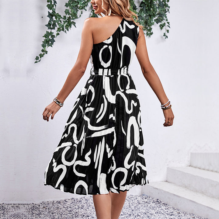 Damen A-Linien Kleid mit asymmetrischem Träger und modischem Druck Drune